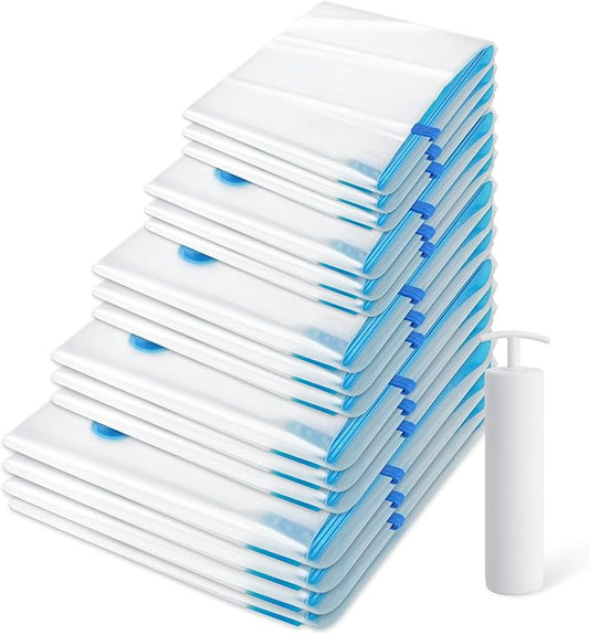 18 Pack Vacuum Storage Bags，Space Saver Bags(4 Jumbo/4 Large/4 Medium/3 Small/3 Roll),Compression for Comforters and Blankets, Sealer Clothes Storage, Hand Pump Included