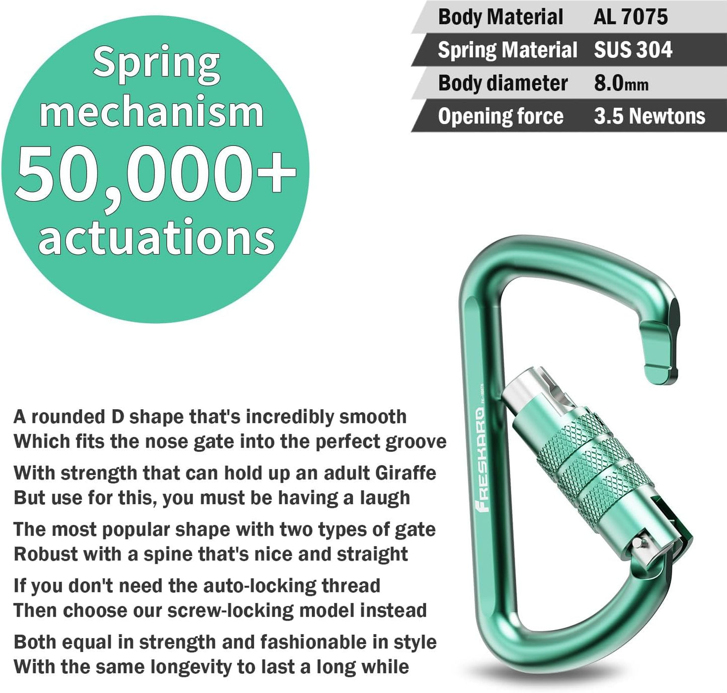 FresKaro 3inch 12kN-2698lbs Auto Locking Carabiner Clips, Solid D Shape, Heavy Duty 7075 Aluminum, Lightweight 1.09oz, Rust Proof, for Hammock, Hiking, Dog Leash, Keychain etc., Multi-Colors