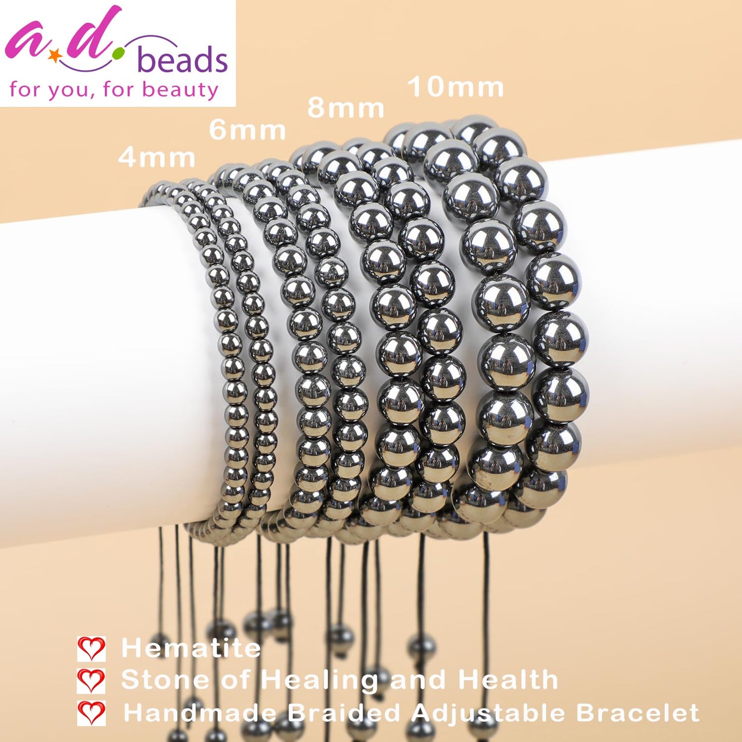 AD Beads 4mm Hematite - Healing and Health - Handmade Natural Stone Crystal Bracelet with Adjustable Macrame String - Yoga Healing Power Energy Gifts for Men and Women