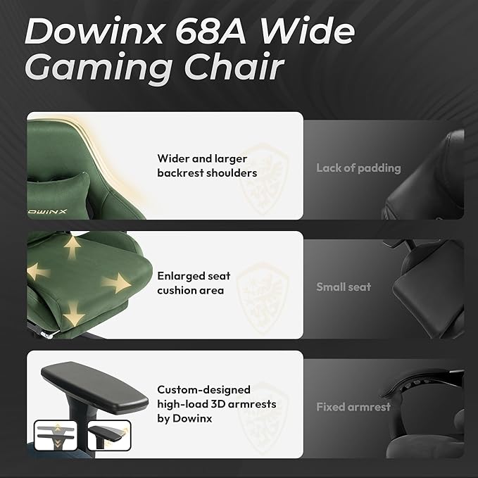 Dowinx Big and Tall Gaming Chair with Suede Fabric Breathable, Game Chairs for Adults with Oversized Thick Seat for 440lbs, Ergonomic Gamer Chair for Streaming & Long Gaming Sessions, Green