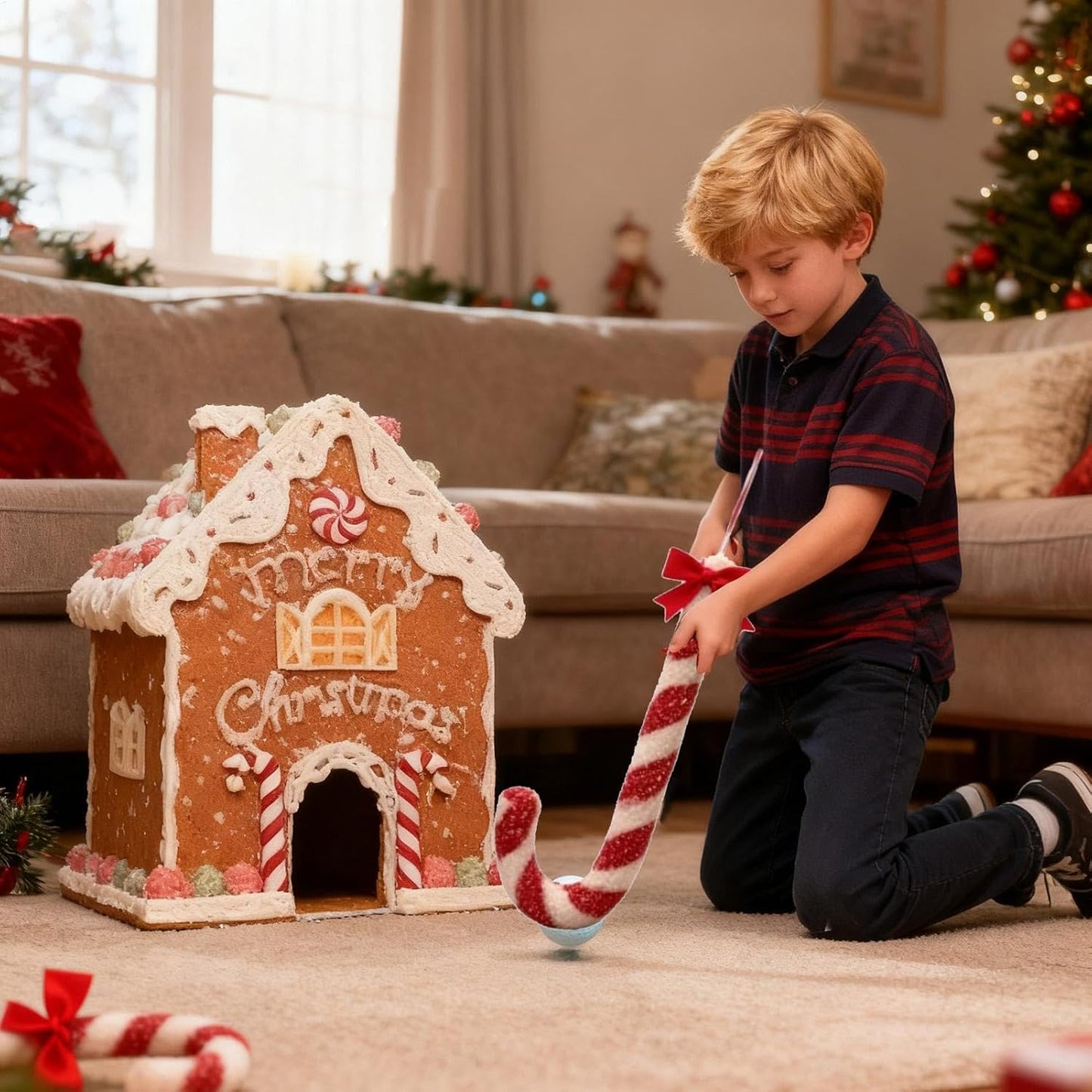 Gingerbread Golf Game Set, Christmas Mini-Golf Course,Portable Mini Golf Course Set,Christmas Indoor Golf Toy with Candy Cane Clubs and Gingerbread House Target (1PC Ball)