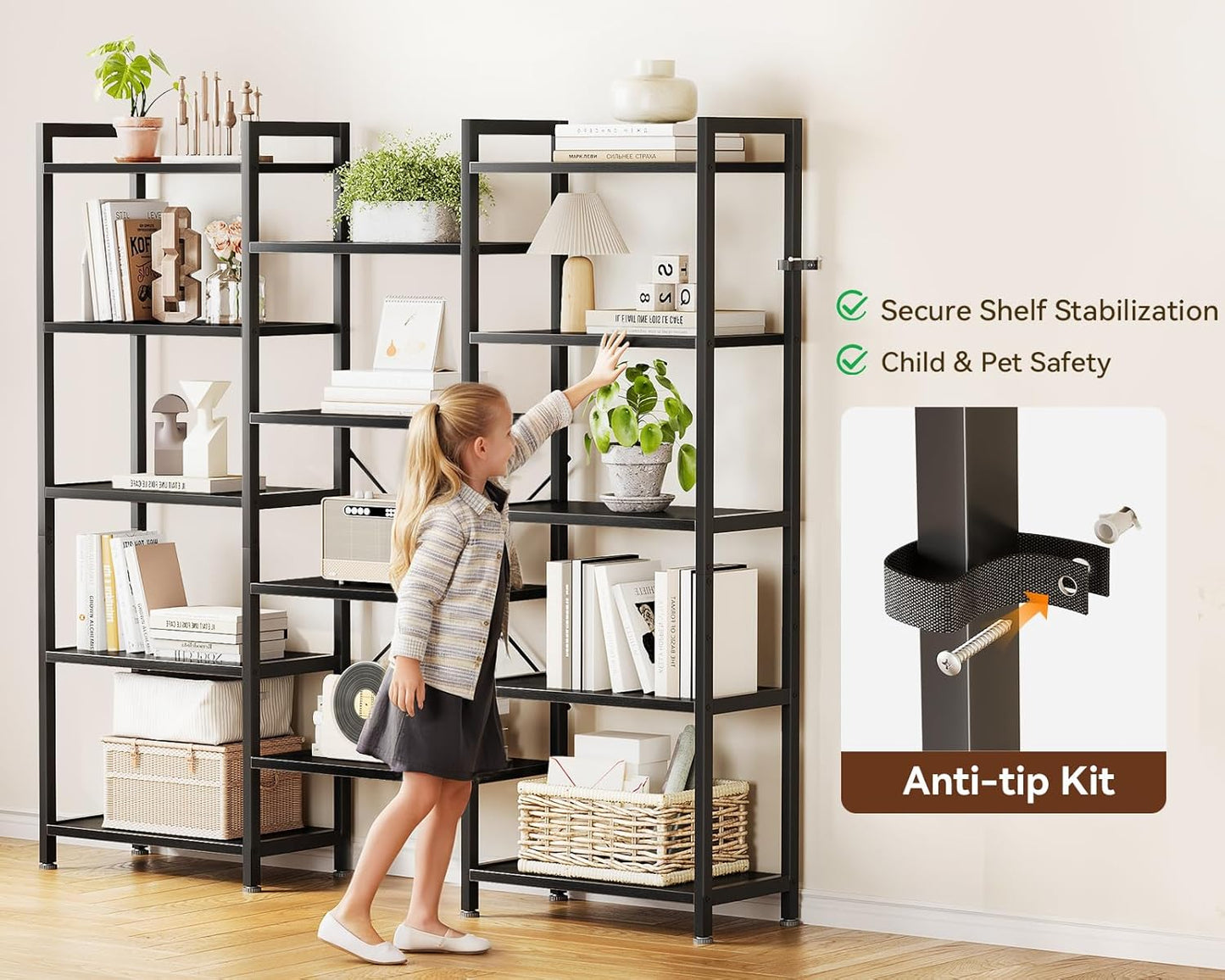 Casaottima Triple 5 Tier Bookshelf, Large Bookcase with 14 Open Display Shelves, Modern Industrial Book Shelves Book Case for Bedroom, Wide Standing Shelving Unit for Living Room Home Office, Black