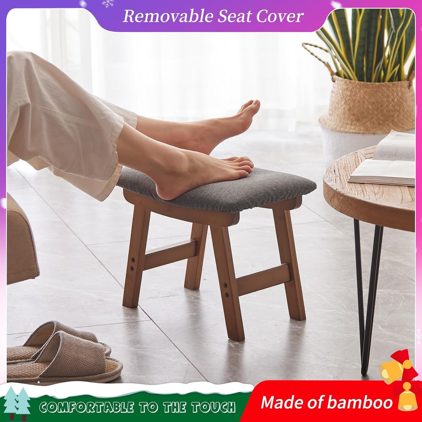 Foot Stool,Ottoman,Bamboo Small Sofa Foot Rest Under Desk,Extra Seating for Living Room, Bedroom and Kitchen (Brown Stool Legs - Gray Surface)