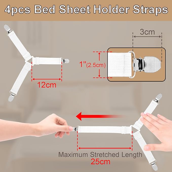 4pcs Bed Sheet Straps Holders, Adjustable Non Slip Elastic Bedsheet Grippers Triangle Mattress Suspenders, Keep in Place Fitted Bed Sheet Holders for Corners, Sofa Cushion, Mattress Cover Straps White