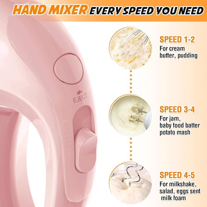 Handmixer Electric Handheld - 5 Speed Portable Kitchen Mixer Electric with 5 Stainless Steel Accessories Whisk, Food Beater for Whipping Mixing Cookies(Pink)