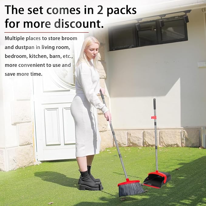DJDTDTY 2-Pack is More economical，Brooms with Dustpan Combo Set， with 52" Long Handle, Dustpan Teeth with self-Cleaning Function, Indoor and Outdoor Sweeping, Perfect for Home Office