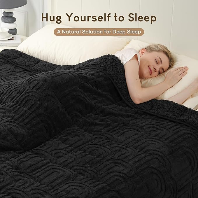 Cottonblue Weighted Blanket for Adults 15 lbs Twin Size, Cozy Fluffy Sherpa Fleece Jacquard Weighted Throw Blankets 48" x 72" for Sleep Relax, Fuzzy Warm Arch Heavy Blanket Soft for Bed Couch, Black