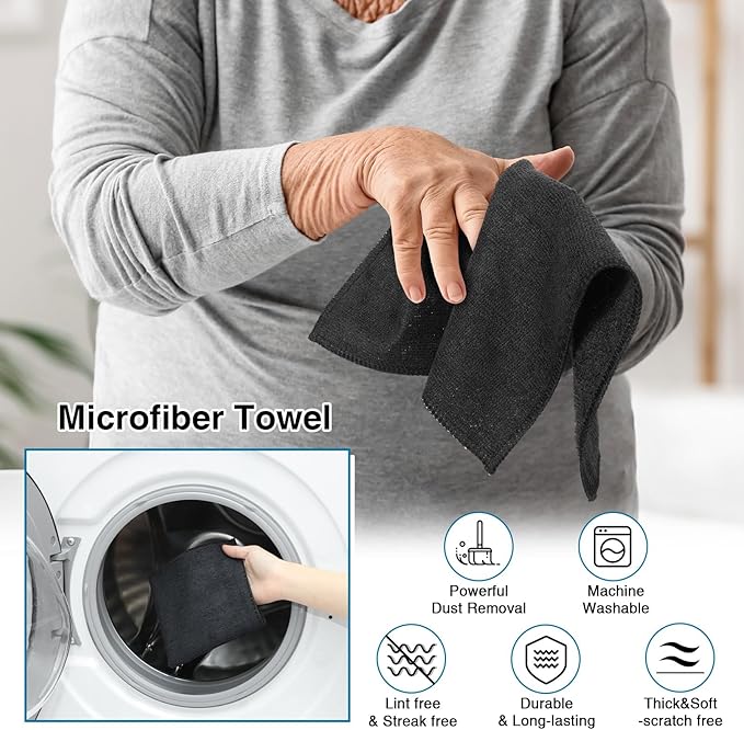 Macarrie 400 Pieces Microfiber Cleaning Cloths Bulk Absorbent Microfiber Towels Reusable Lint-Free Streak Free Wash Rags for House Kitchen Office Restaurants Bar Shop Car, 12 x 12 Inches (Black)