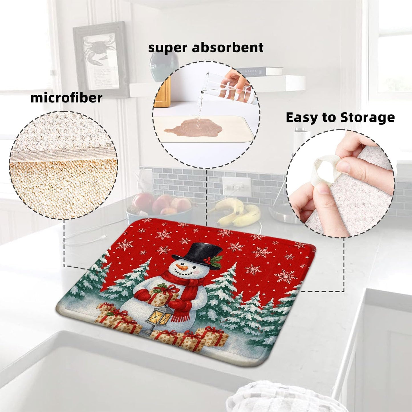 Red Christmas Drying Mat for Kitchen Counter 16" X 18" Christmas Dish Drying Mat for Kitchen Decor Snowman Xmas Drying Mats For Home Counter Drying Mats For Dishes Dish Mat Drying Mat