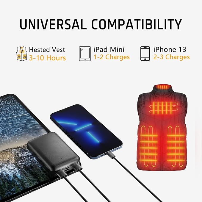 Rechargeable Battery for Heated Vest 10000 mAh Power Bank for Heated Jacket Heating Electric Vest Coat Hoodies Battery Pack for Man Women Heated Clothing