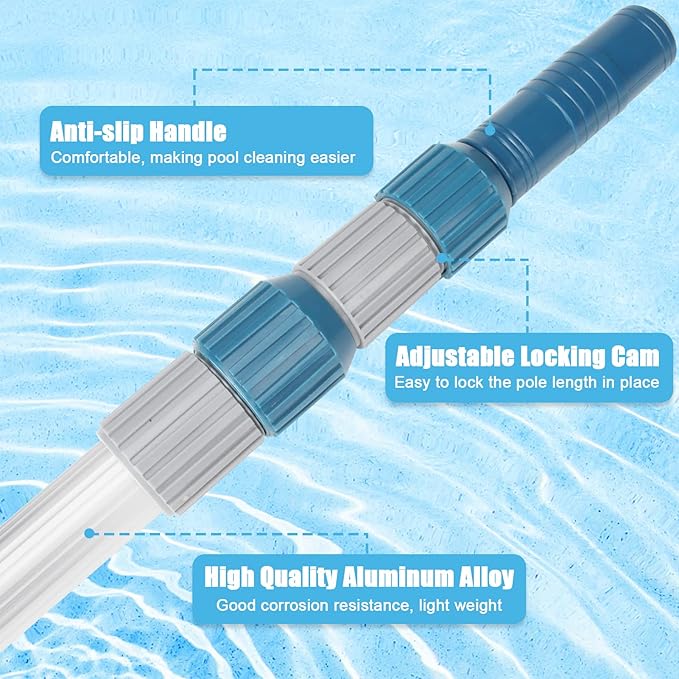 Professional 16 Foot Telescopic Aluminum Swimming Pool Pole - Attach Connect Skimmer Nets, Rakes, Brushes, Vacuum Heads Cleaning
