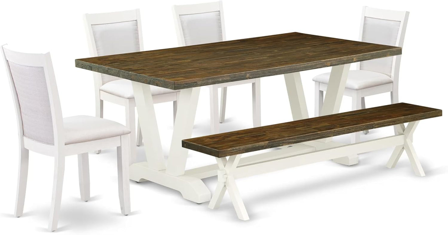 East West Furniture V077MZ001-6 6 Piece Dinette Set Contains a Rectangle Dining Room Table with V-Legs and 4 Cream Linen Fabric Parson Chairs with a Bench, 40x72 Inch, Multi-Color