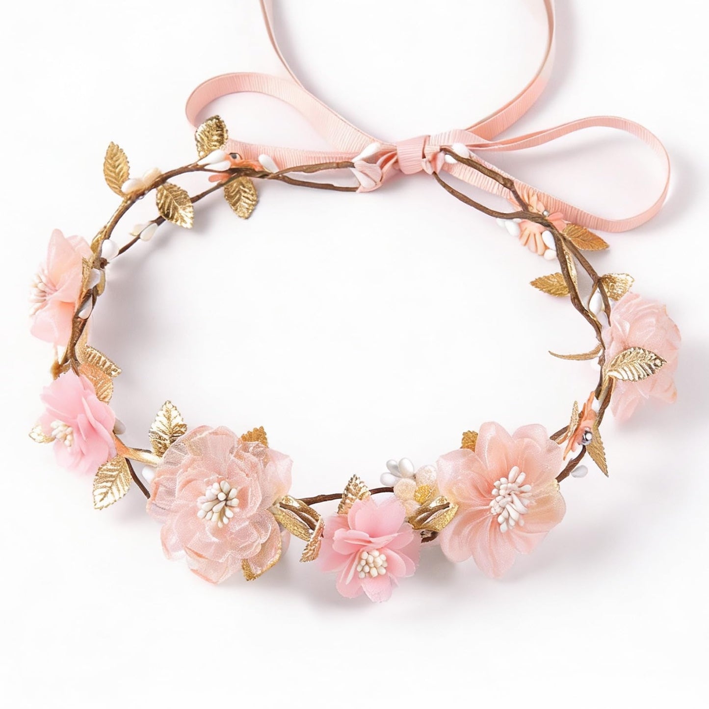ZWLIYCHN Hot Pink Flower Crown Headband Adjustable Fairy Flower Crown with Golden Leaf Bohemia Floral Halo Headpiece Flower Garland Headband for Boho Wedding Flower Girl Maternity Photo Props