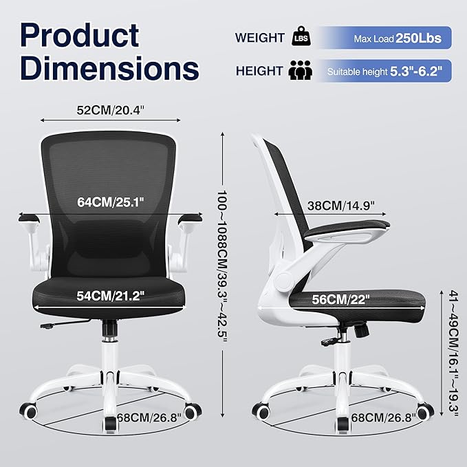 Ergonomic Office Chair, Mesh Computer Chairs with Lumbar Support, Swivel Desk Chair with Flip-up Arms and Adjustable Height, White