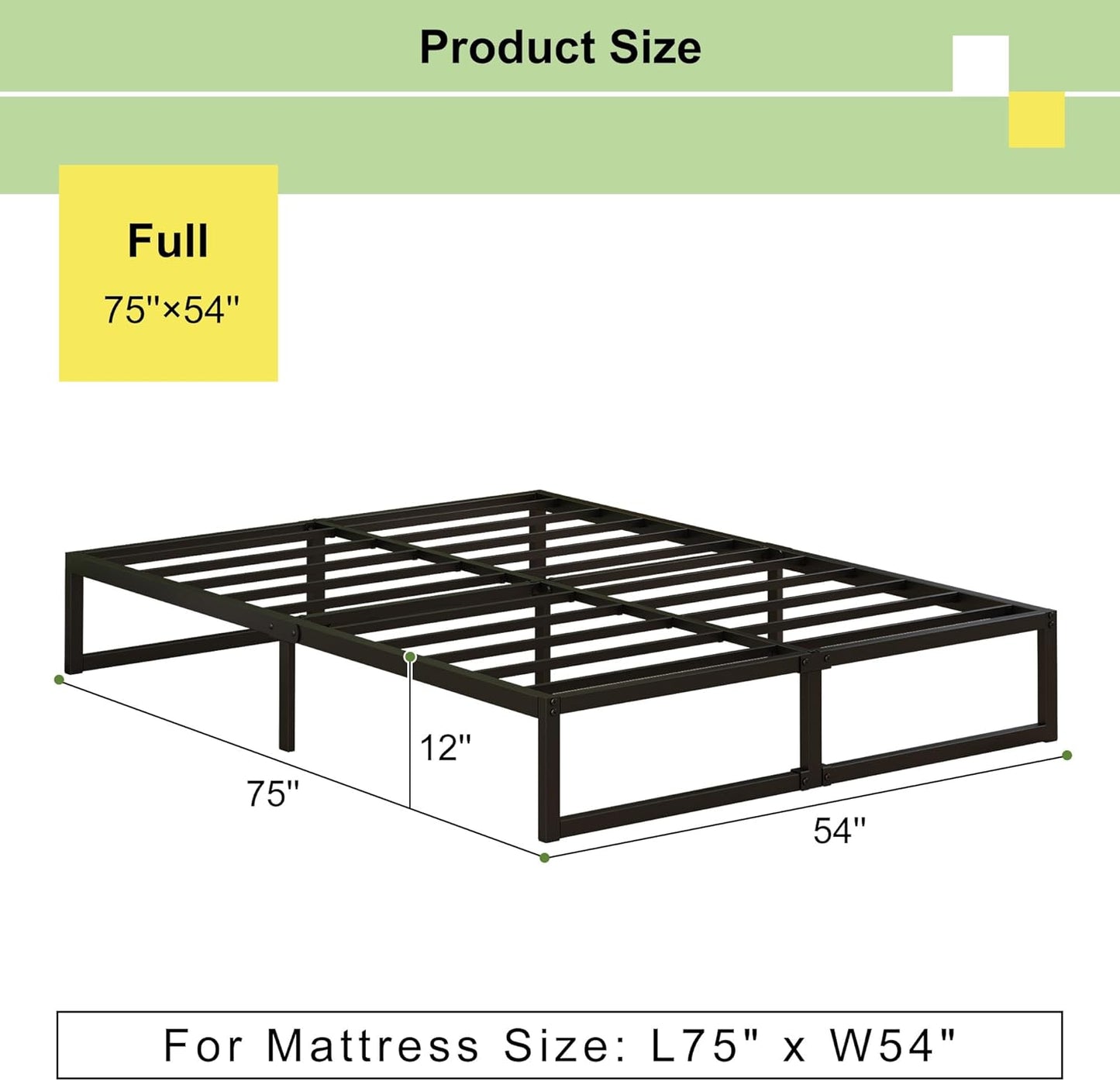 EMODA 12 Inch Full Size Bed Frame Heavy Duty Metal Platform No Box Spring Needed, Easy Assembly Noise Free, Black