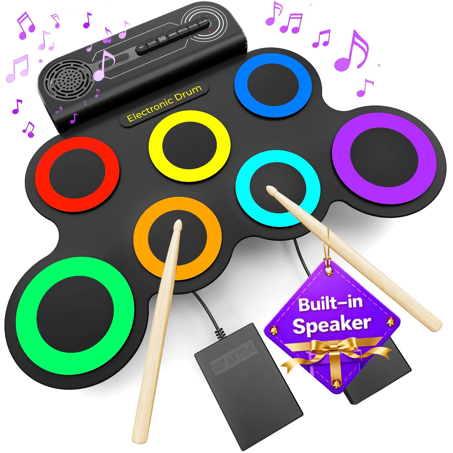 VerkTop Electric Drum Set Built-in Speaker, Kids Drum Pad and Sticks, Portable Roll Up Drums Practice Pad for Kids, Great Birthd