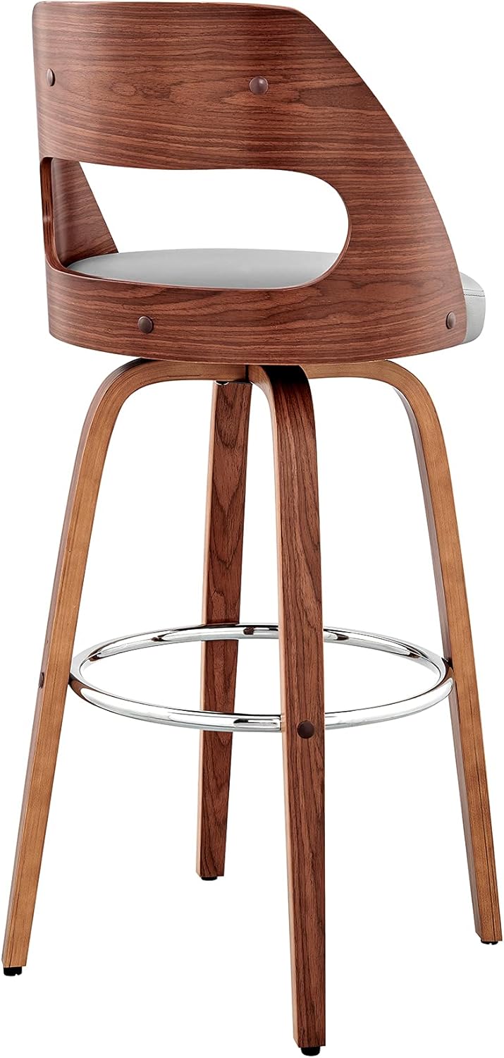 Armen Living Julius Mid Century Modern Swivel Bar Stool for Kitchen Island Counter in Gray Faux Leather and Walnut Wood, 26" Seat Height