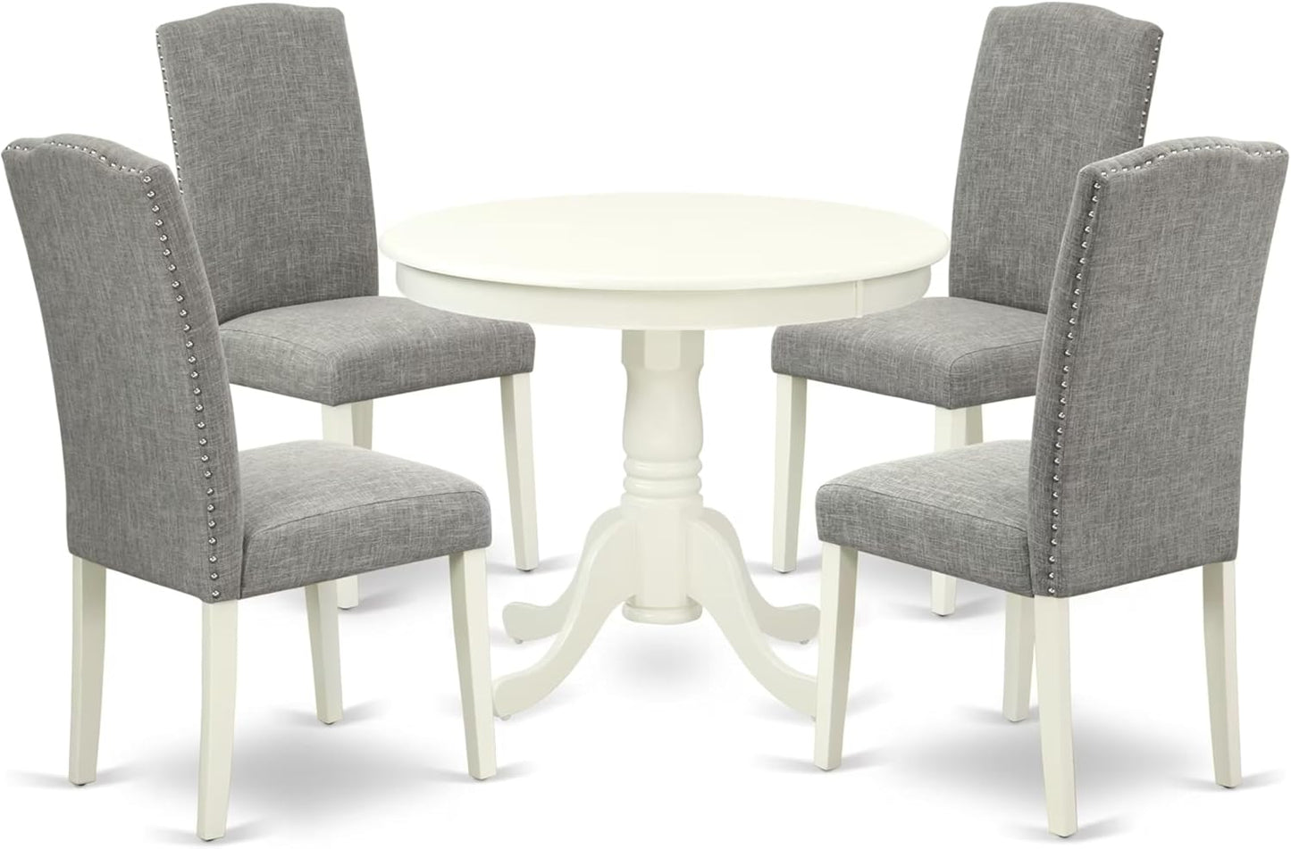 East West Furniture ANEN5-LWH-06 5 Piece Dining Room Furniture Set Includes a Round Kitchen Table with Pedestal and 4 Dark Shitake Linen Fabric Parsons Dining Chairs, 36x36 Inch, Linen White