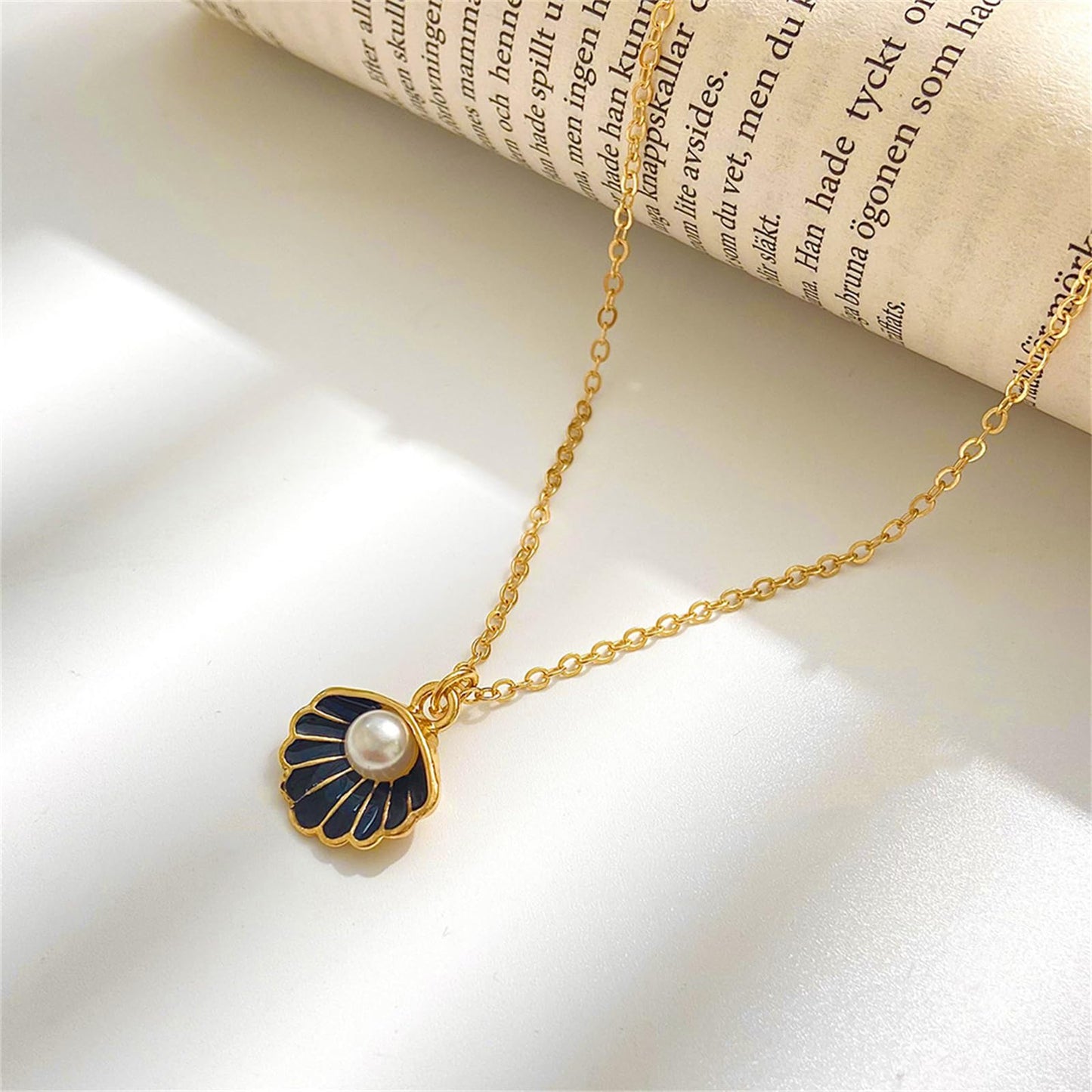 Seashell Pearl Pendant Necklace Gold Plated Boho Enamel Pink Blue Scallop Sea Shell Starfish Ocean Animal Chain Necklace for Women Hawaiian Summer Beach Holiday Fashion Jewelry Gifts (Black)