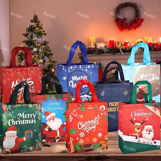 16PCS Christmas Tote Treat Non-Woven Gift Bags with Handles for Gifts Wrapping Shopping, Xmas Party Supplies, 12.2×9.8×4.53inch