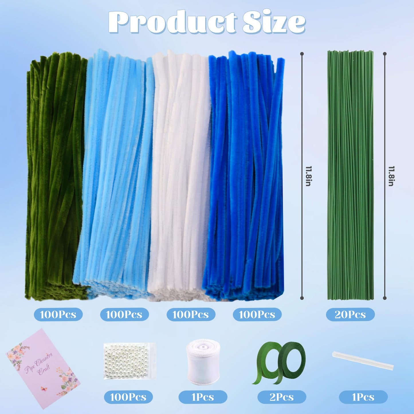 LansinLife 400 Pcs Pipe Cleaners Craft Set, 4 Assorted Blue Pipe Cleaners Bulk, Chenille Stems for DIY Flower Making Kit with Floral Stems, Gardening Tape, Pearl, Ribbon for DIY Bouquet Gift (Blue)