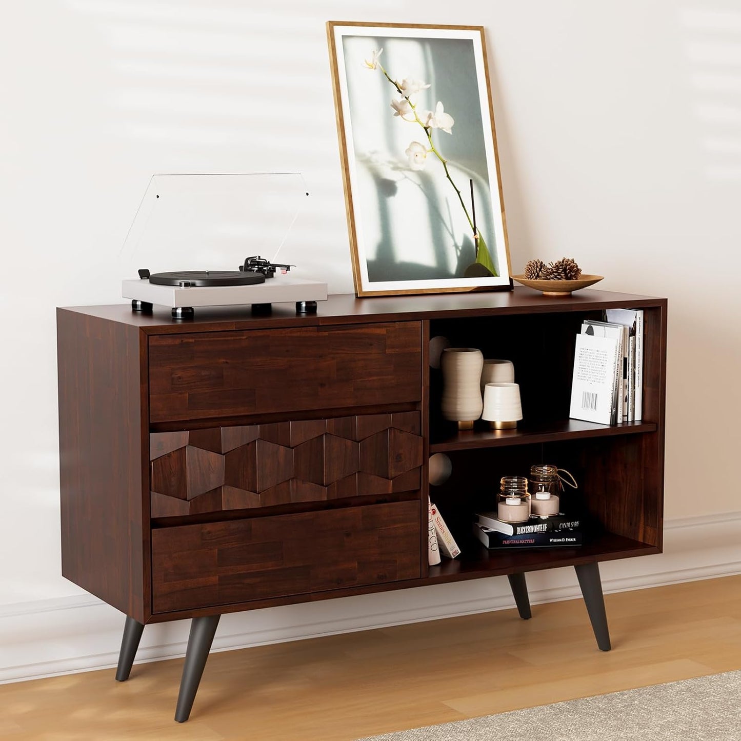 Bme Georgina 45 Inch Solid Wood TV Stand, Under 10 Minutes Assembly Entertainment Center with Storage, Geometric Pattern TV Console for Living Room, Bedroom, Dinning Room - Walnut