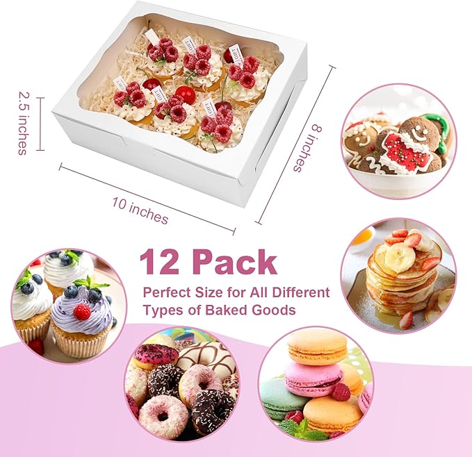 12pcs10x8x2.5 Inch White Bakery Boxes Treat Boxes with Window for Pastry, Cookie, Desserts, Chocolate Strawberries, Pies, Donuts, Muffins,Cupcake