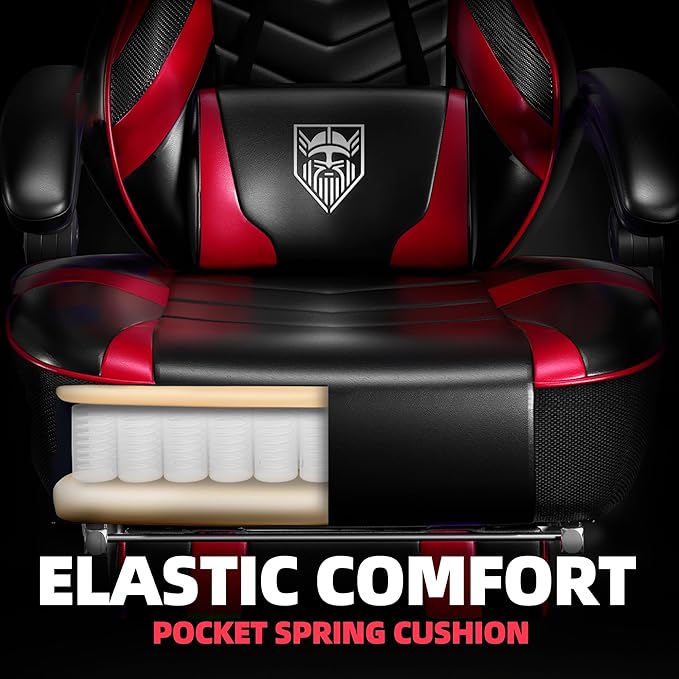 Vonesse Gaming Chair, Big and Tall Gaming Chair with Footrest and Massage, Gaming Chairs for Adults with Lumbar Support, Ergonomic High Back Computer Chair with Pocket Spring Cushion (Red/Black)