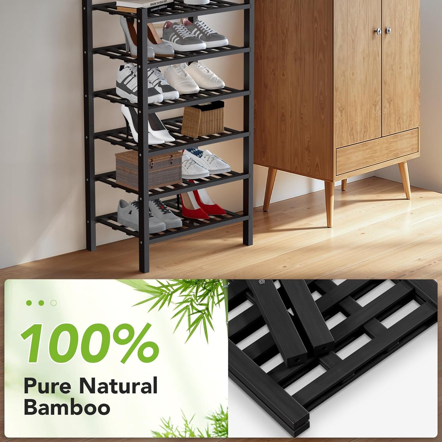 Haddockway small 6 Tier Bamboo Shoe Rack Storage Organizer, Multifunctional Free Standing Stackable Shoe Shelf with Grid Panel for Closet,Hallway,Entryway,Small Space 18"x11"x34"(Black, 6-Tier(Small))