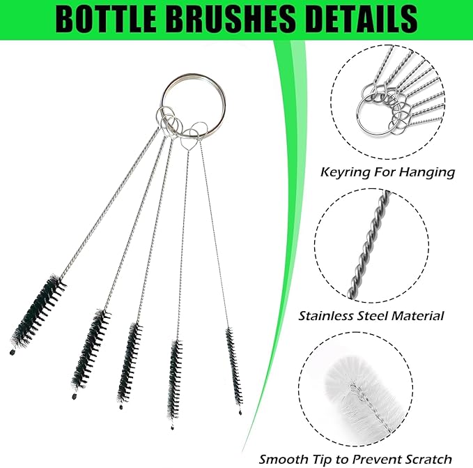 Green Piece® 5-Piece Nylon Pipe Tube Cleaner Set Mini Metal Straw Brushes with Keychain Ring for Bottles, Straws, Glasses, Tubes, Keyboards and More