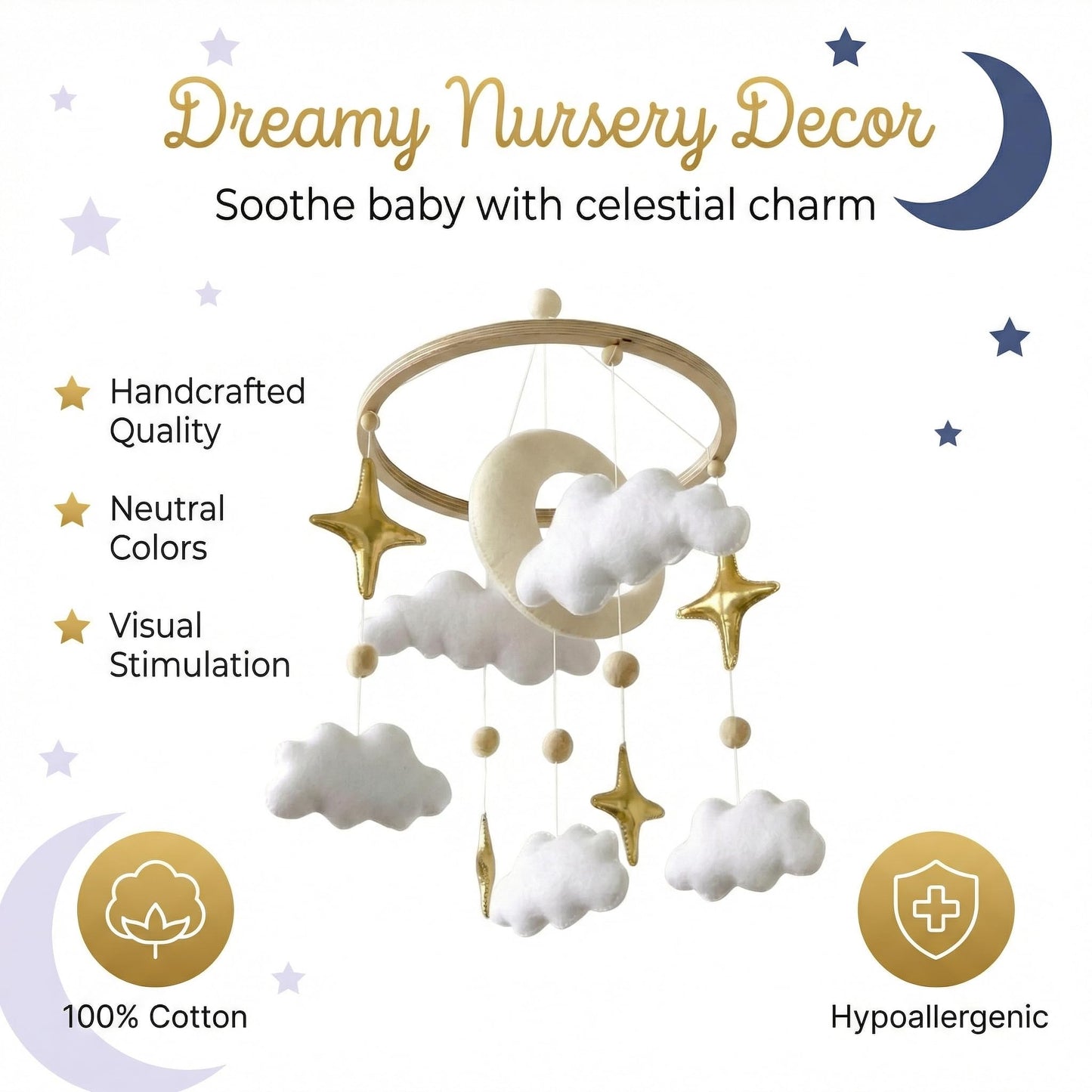 Emmnnic Baby Mobile for Crib - Handmade Modern Boho Baby Mobiles for Bassinet Felt Nursery Mobile Gender Neutral - Gold Moon and Stars - Girl Cribs Decorations
