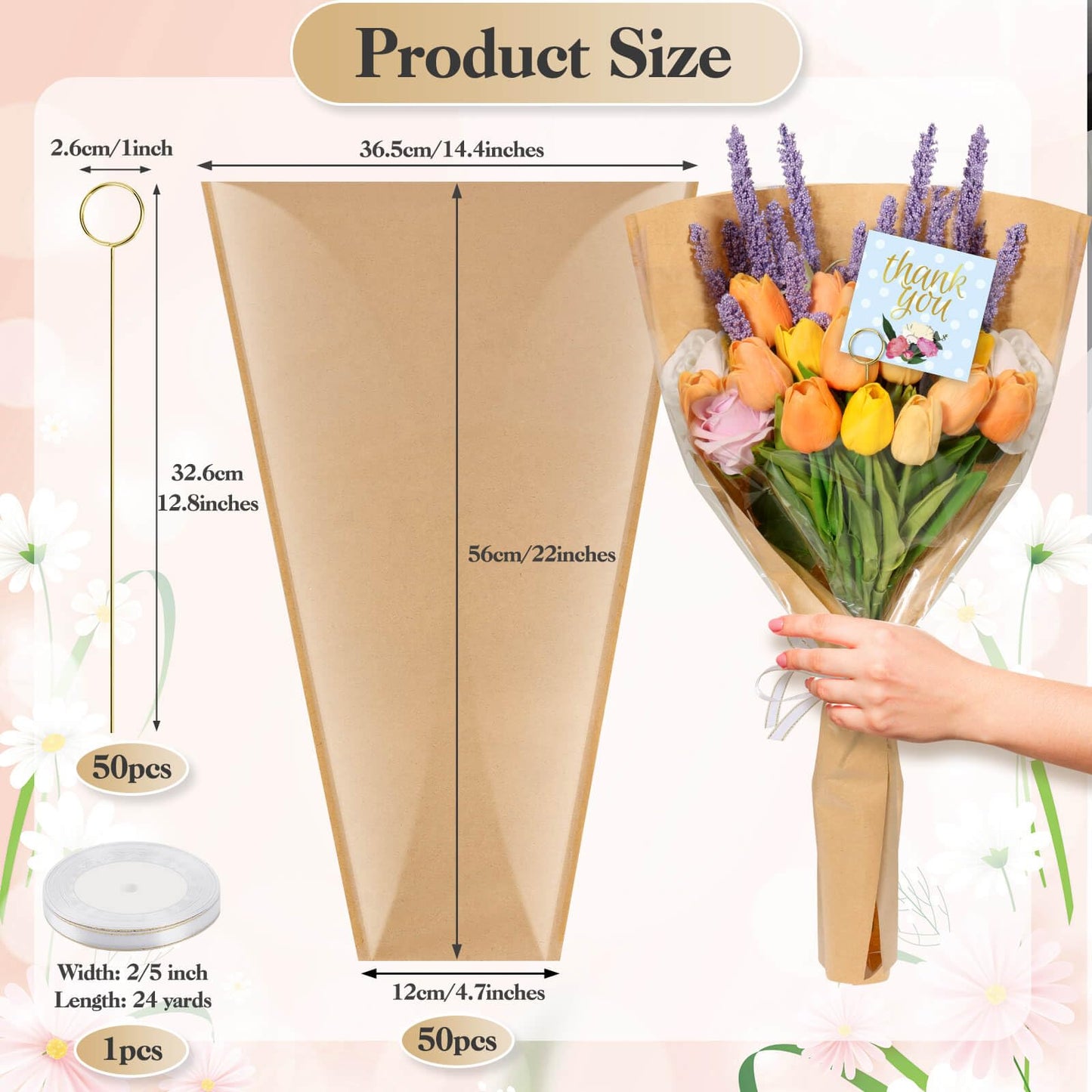 cridoz 50 PCS Flower Wrapping Paper Sleeves for Bouquets with 50 PCS Floral Card Holder Picks and Ribbons, Kraft Bouquet Bags for Flower Bar, Mother's Day, Graduation, Valentine, 22 x 14 Inches