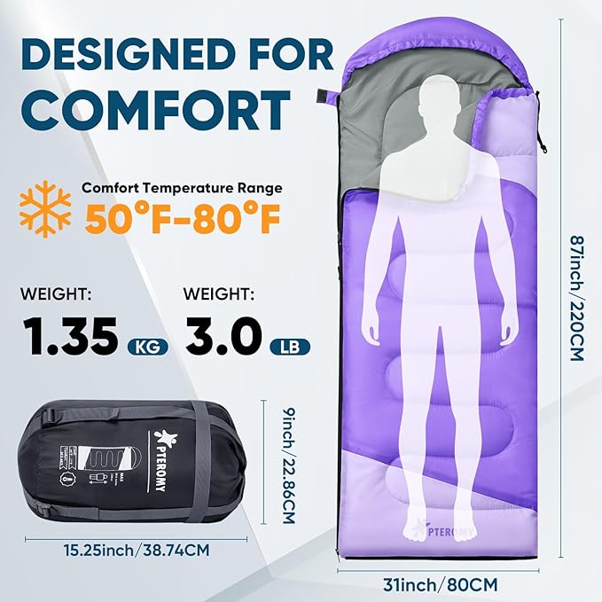 PTEROMY Sleeping Bags for Adults, Lightweight and Machine Washable, Water Resistant Backpacking Camping Sleeping Bag for Warm Cold Weather, Camping Essentials for Hiking Travel