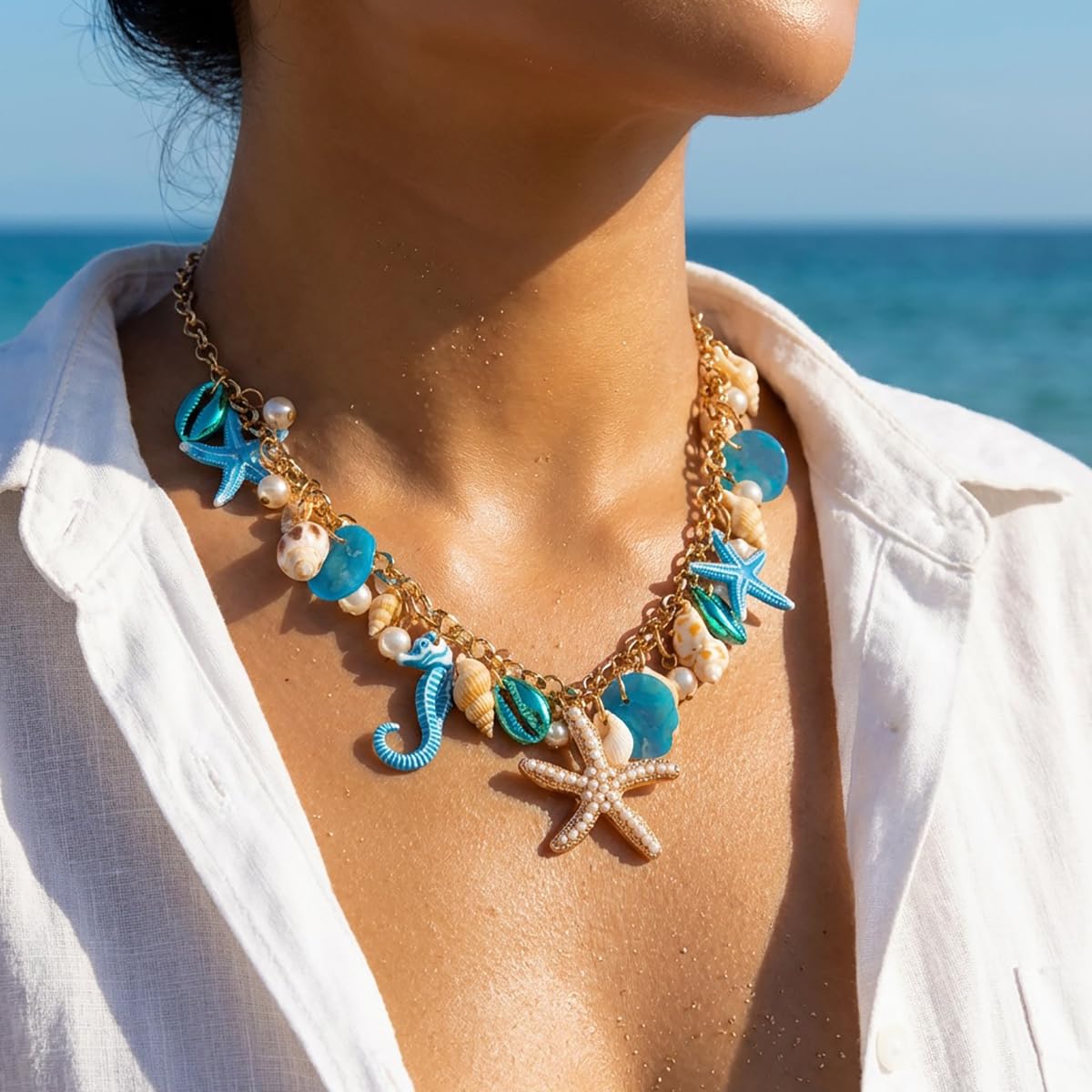 MIFYNN Starfish Shell Pendant Necklace for Women Conch Seahorse Charm Necklace Boho Beach Accessories Summer Tropical Ocean Jewelr Dainty Coastal Jewelry for Women Summer Birthday Gift (Blue)