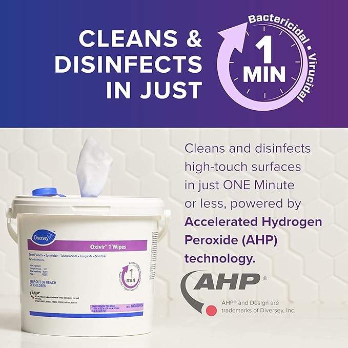 Oxivir Diversey 1 100850924 Disinfectant Cleaning Wipes, Virucidal, Pre-Moistened with Accelerated Hydrogen Peroxide AHP, Unscented, 160 Extra Large 11x12-Inch Wipes, 1-Bucket