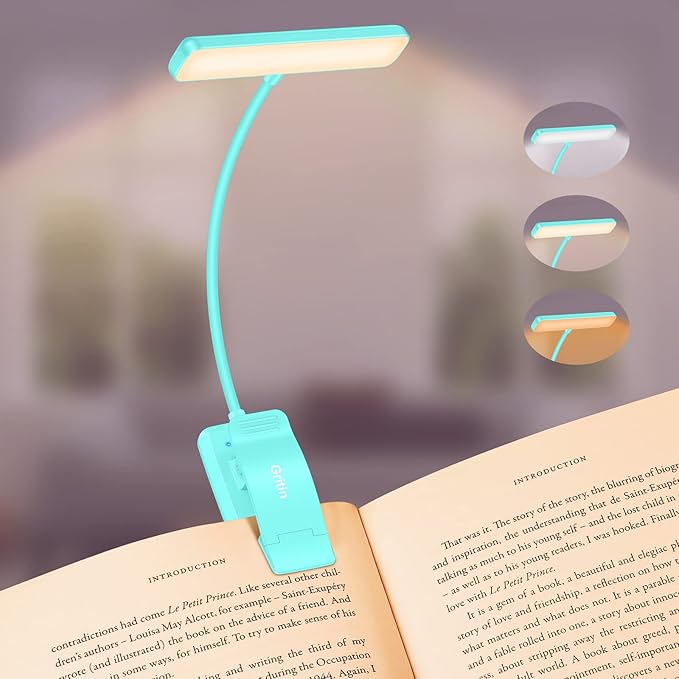 Gritin 19 LED Rechargeable Book Light for Reading in Bed with Memory Function- Eye Caring 3 Color Temperatures,Stepless Dimming Brightness,80 Hrs Runtime Clip on Light for Book Lovers-Blue