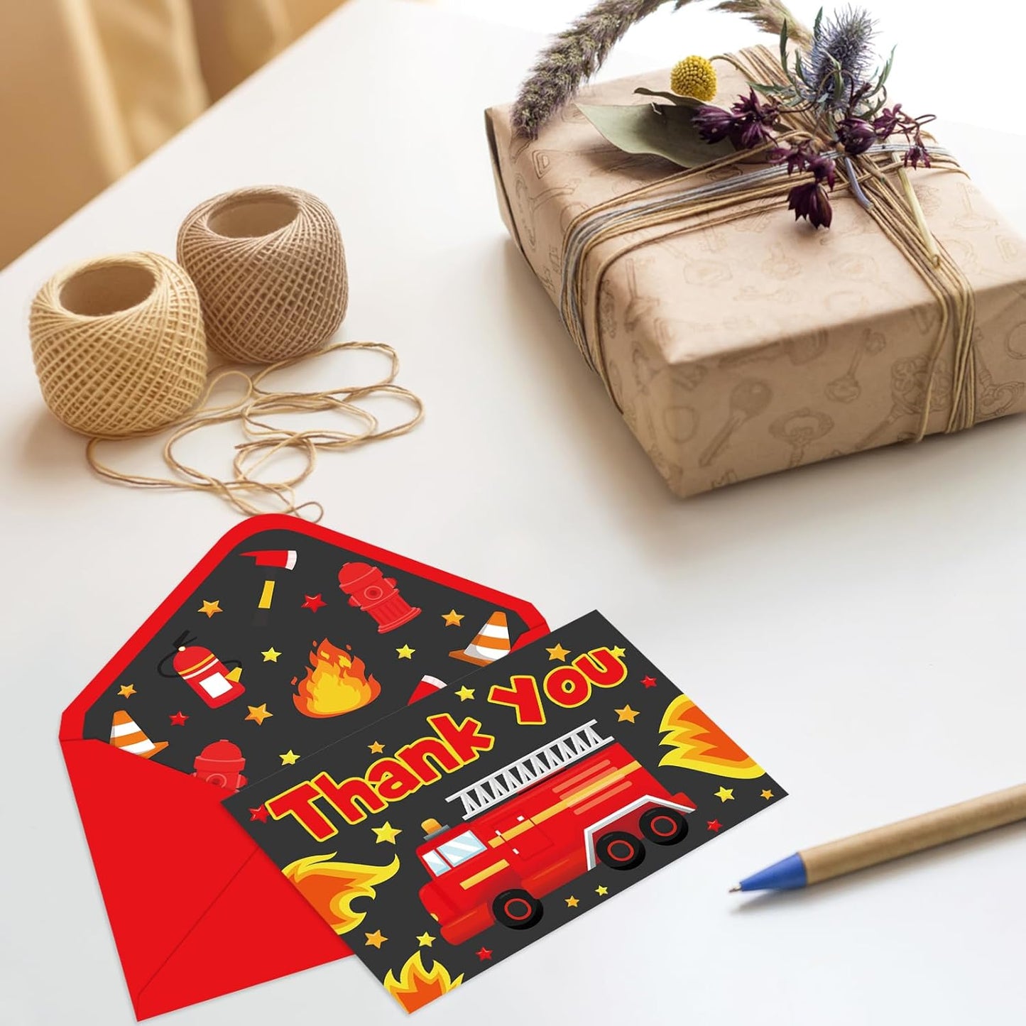 Whaline 24Pcs Firetruck Thank You Cards with Envelopes and Stickers Red Black Fire Hydrant Star Greeting Card Blank Note Card for Fireman Party Supplies
