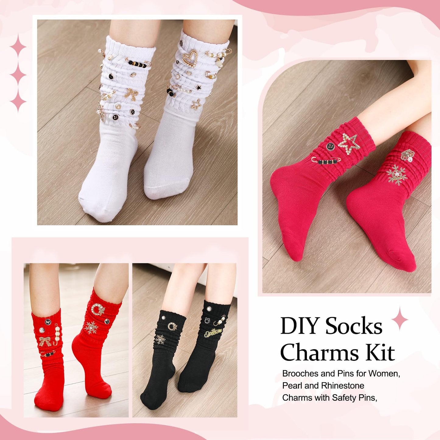 Cutecrop 41 Pcs Sock Charms Kit with 4 Pairs Slouch Socks for Women, Jewelry Charms Pins Brooches for Women, Pearl and Rhinestone with Safety Pins, DIY Accessories for Decorating Shoe Sneakers