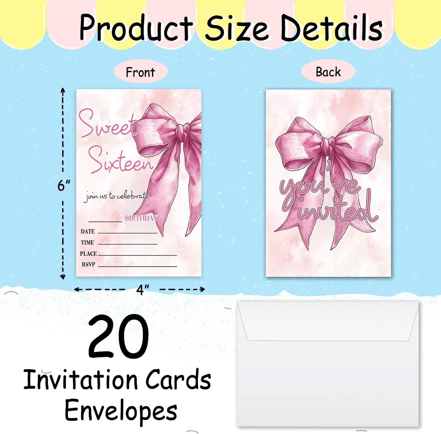 Sweet 16th Birthday Invitations, Bow Party Invitations, 20 Double-Sided Fill In Invitation with Envelopes for Teen Girls, Invitations Cards for Birthday Party Decorations Favor - 11