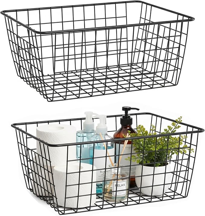 Metal Wire Food Storage Basket Organizer with Wooden Handles for Organizing Kitchen Cabinets, 2 Packs-Black-large