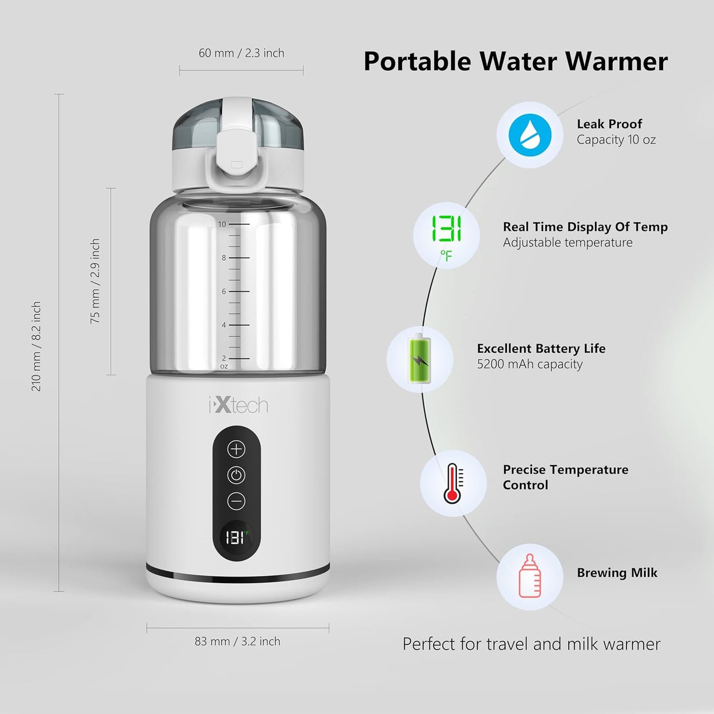 IXTECH Portable Water Warmer for Baby Formula, Milk Warmer for Travel, 10 oz., Electric Warming with Adjustable Temperature Control, Leak-Resistant Spout, Rechargeable and Wireless