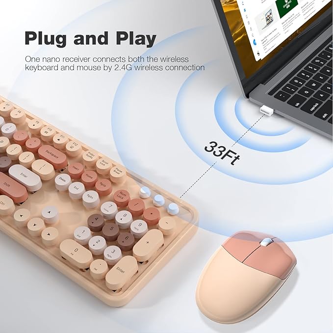 Wireless Keyboard and Mouse Combo, 104 Keys Full-Sized 2.4 GHz Round Keycap Colorful Keyboards, USB Receiver Plug and Play, for Windows, PC, Laptop, Desktop (Milk Tea)