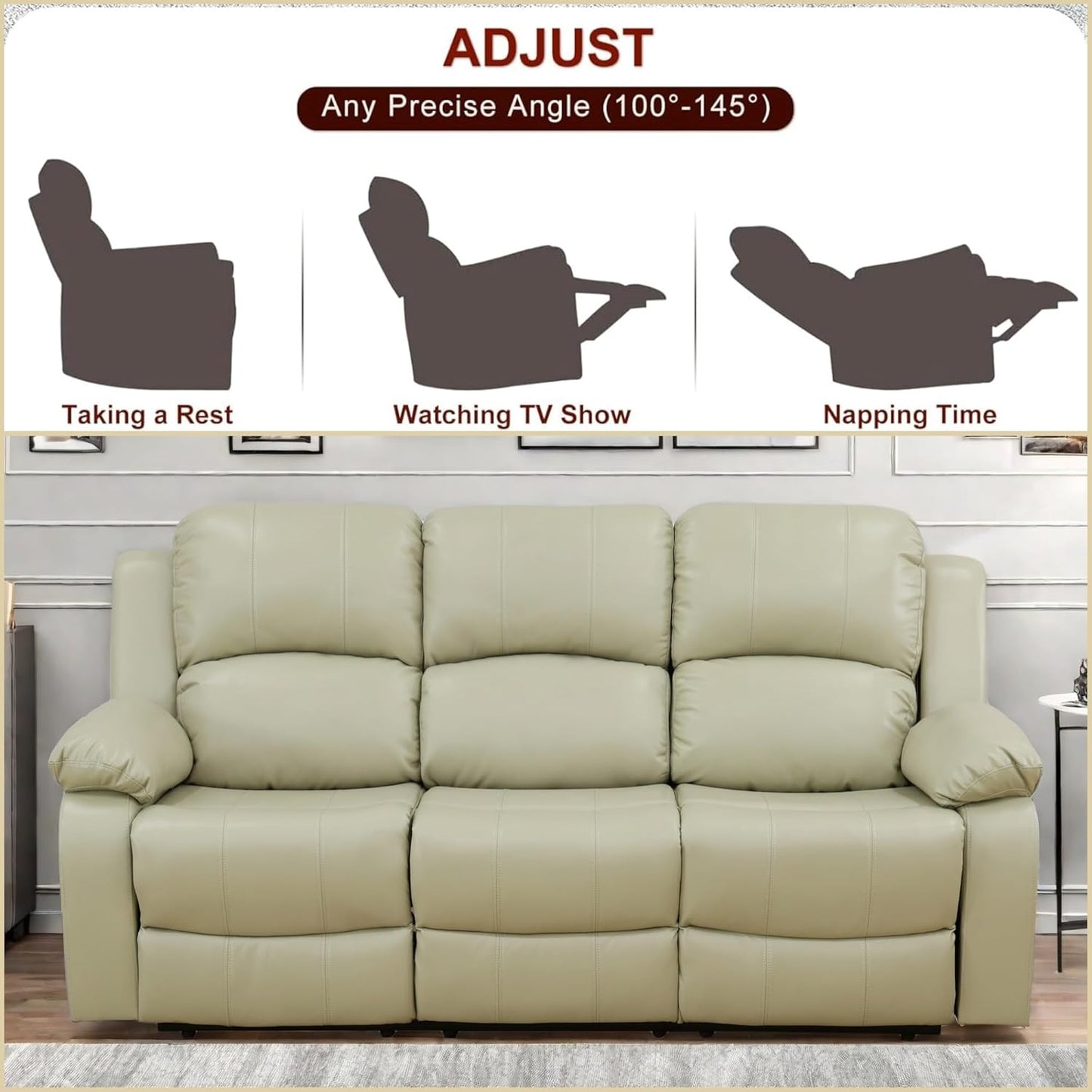 Leather Recliner Sofa Couch, 3-Seater Home Theater Seating Reclining Sofa, Power Reclining Couch with Cup Holders & Drop Down Table for Living Room Furniture Sets, Khaki