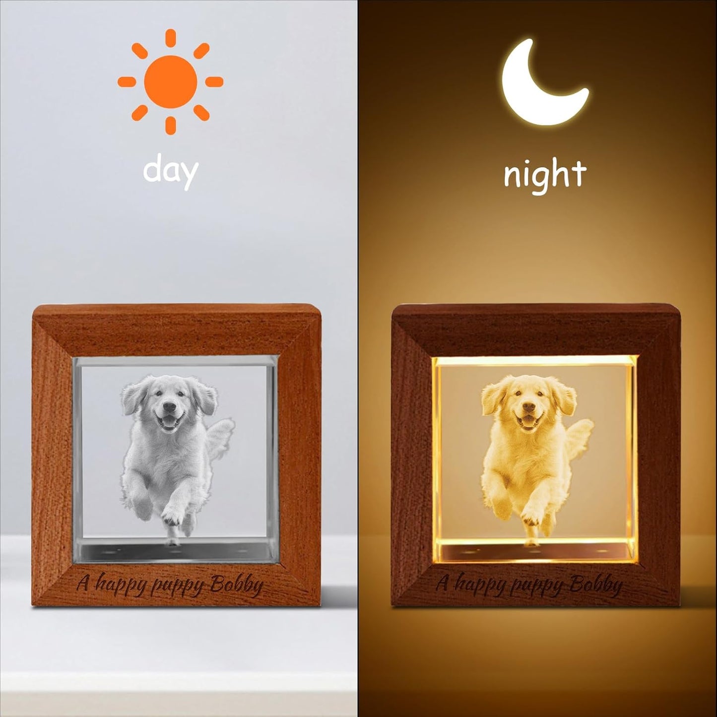 Custom 3D Crystal Photo Night Light – Personalized Glass Photo Ball with Customized 3D Picture Engraving, LED Light Wood Base, Unique Custom Gifts for Family, Pets, Birthday，Valentine's Day (Style 3)