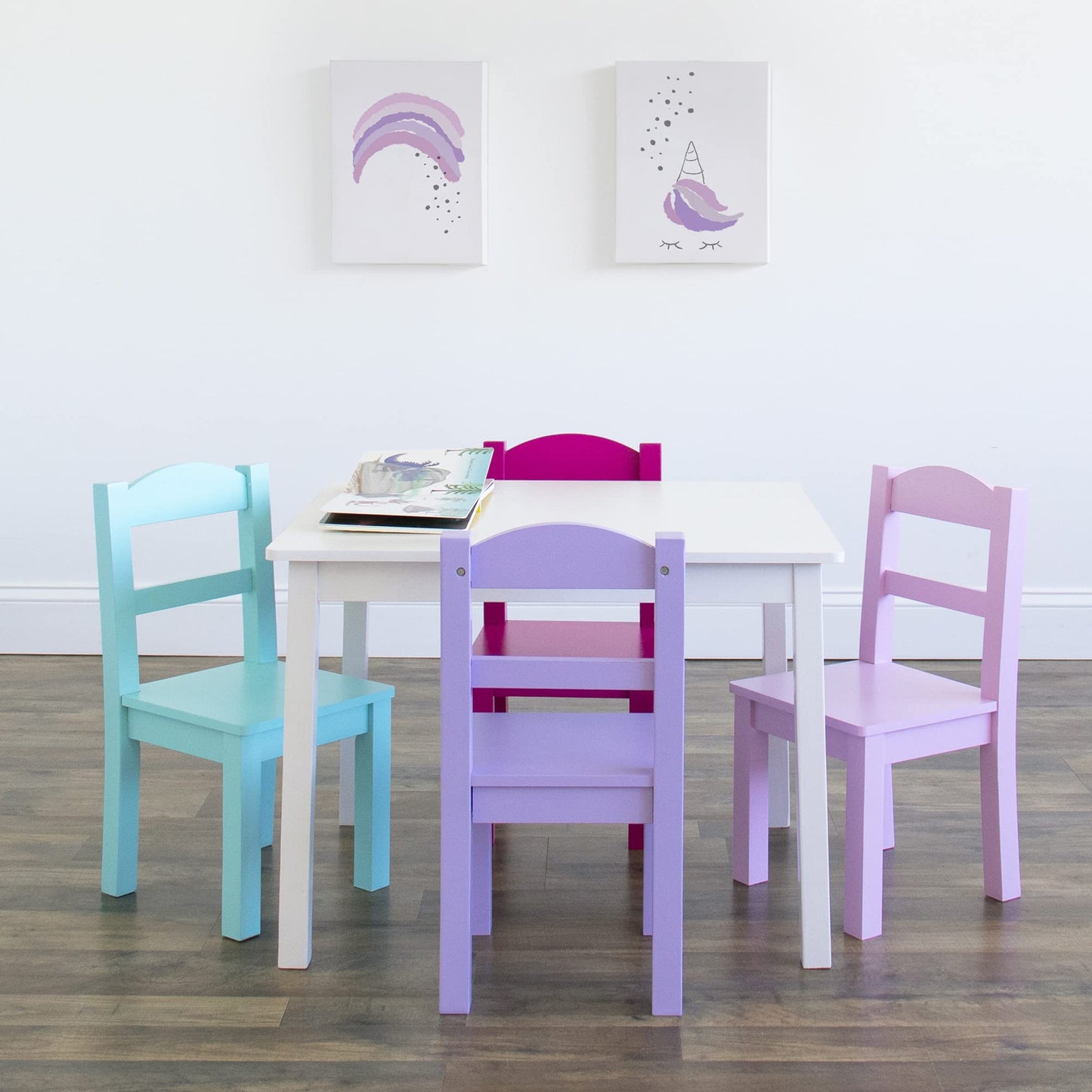 Humble Crew Kids Table and Chair Set, Toddler Activity Table with 4 Chairs for Play, Crafts, Snacks & Learning, Wooden Kids Furniture for Playroom & Bedroom, White/Pink/Purple/Aqua