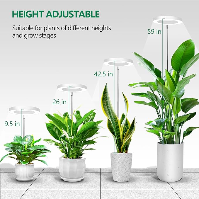 WaterRebirth 8 inch LED Grow Light for Indoor Plants, Full Spectrum Halo Plant Light with 3/9/12H Auto Timer, 10-Level Dimmable, Height Adjustable for Tall Plants