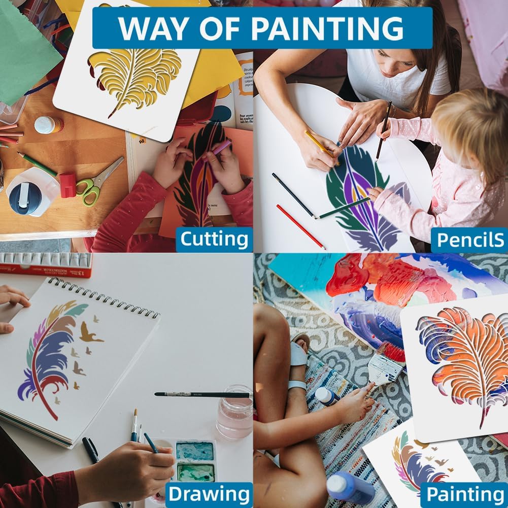 MAYJOYDIY 6pcs Bird Feather Stencils 11.811.8/11.78.3inch Large Arrow Kit With Paint Brush, Peacock Template for Wood, Canvas, Fabric, Wall, Furniture Decor