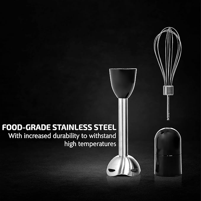 OVENTE Immersion Hand Blender Set, 300W Corded Electric Handheld Stick Mixer, 2 Mixing Speeds with Stainless Steel Blades, Egg Whisk, Beaker & BPA-Free Food Chopper, Black HS565B