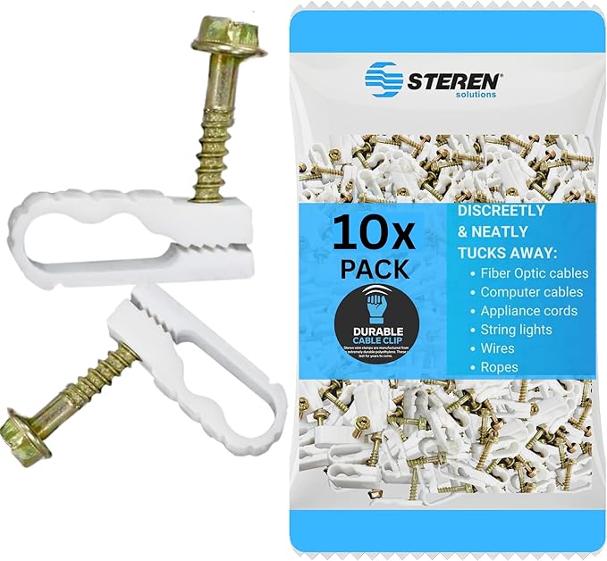 STEREN Coaxial Cable Clips - Cable Holder - Wire Clips - Siding Clips for Hanging - Cord Holder for Desk - Cable Clamps - Cord Clip - Wire Organizer Clips - Tv Mount Screws - White - 10 Pack