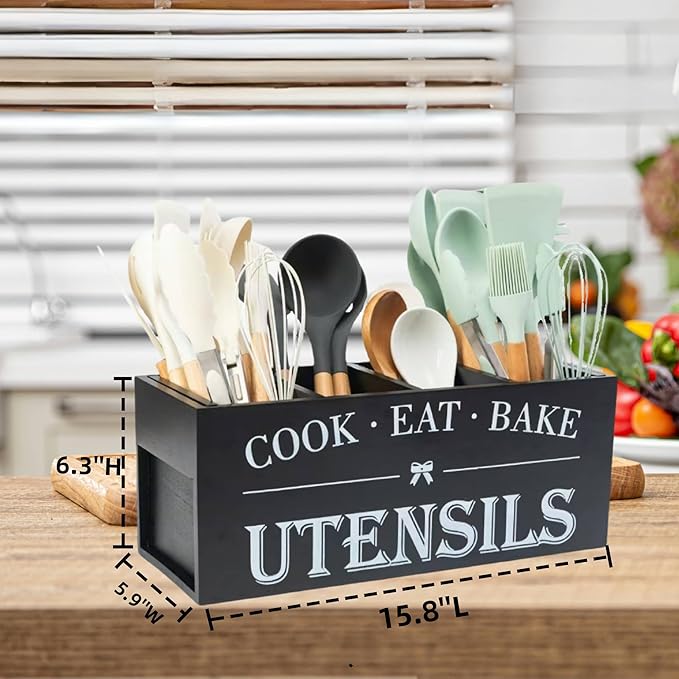 Utensil Holder,Extra Large Wooden Utensil Holder For Kitchen Counter,Cooking Spatula Organizer,Big Storage Caddy With 4 Compartments Flatware Spoon Tool Cutlery（Black）